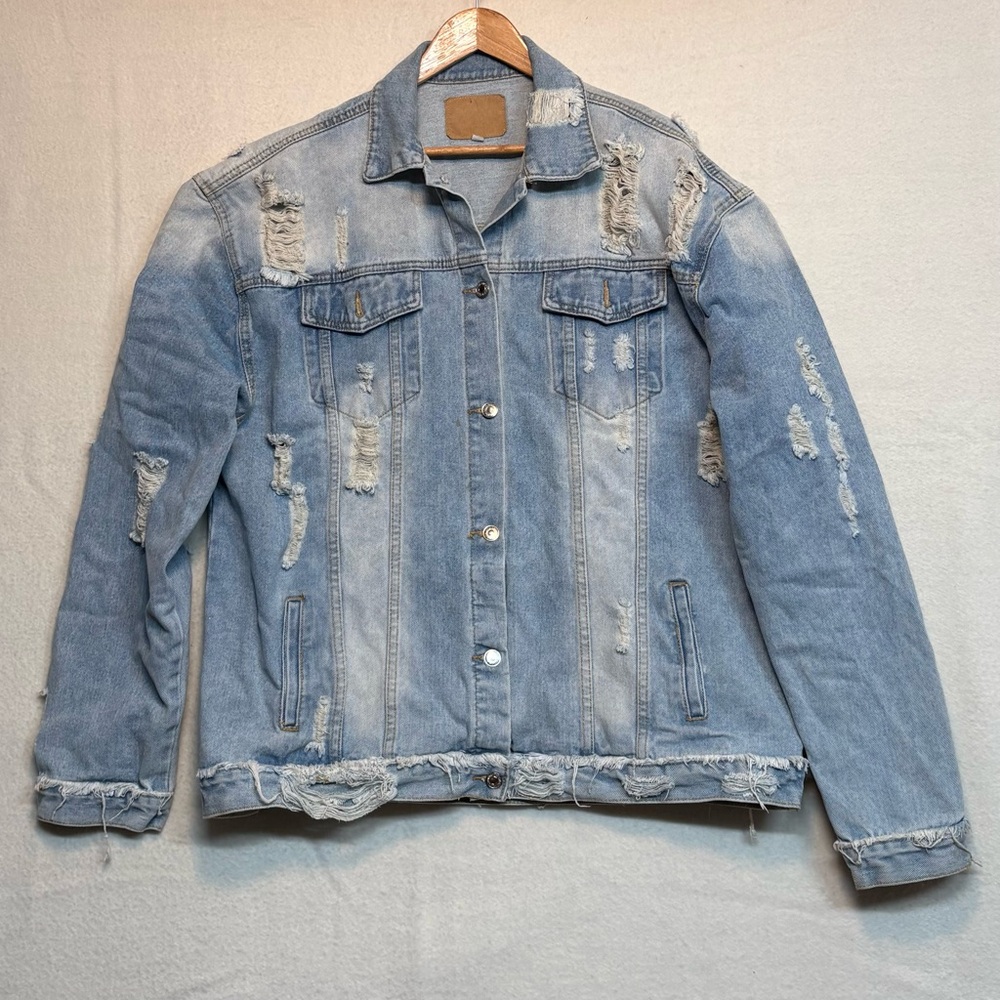 Distressed Men’s Light Blue Denim Destroyed Jean Jacket Grunge Y2K
